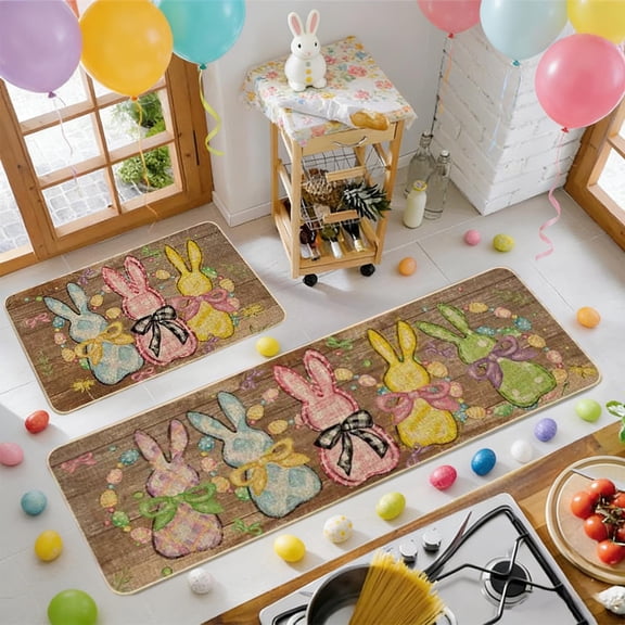 2 Pcs Easter Kitchen Rug and Mat Set,Bunny Kitchen Floor Mats,Waterproof Non Slip Farmhouse,Easter Doormat Holiday Decor for Home Office Bathroom Party Decor
