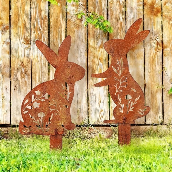 2 Pcs Easter Metal Rabbit Garden Stake Rusty Bunny Garden Decor Rustic Iron Rabbit Silhouette Decoration Art Flower Metal Cutout Sign Floor Standing Sculpture for Yard Decor Holiday Outdoor