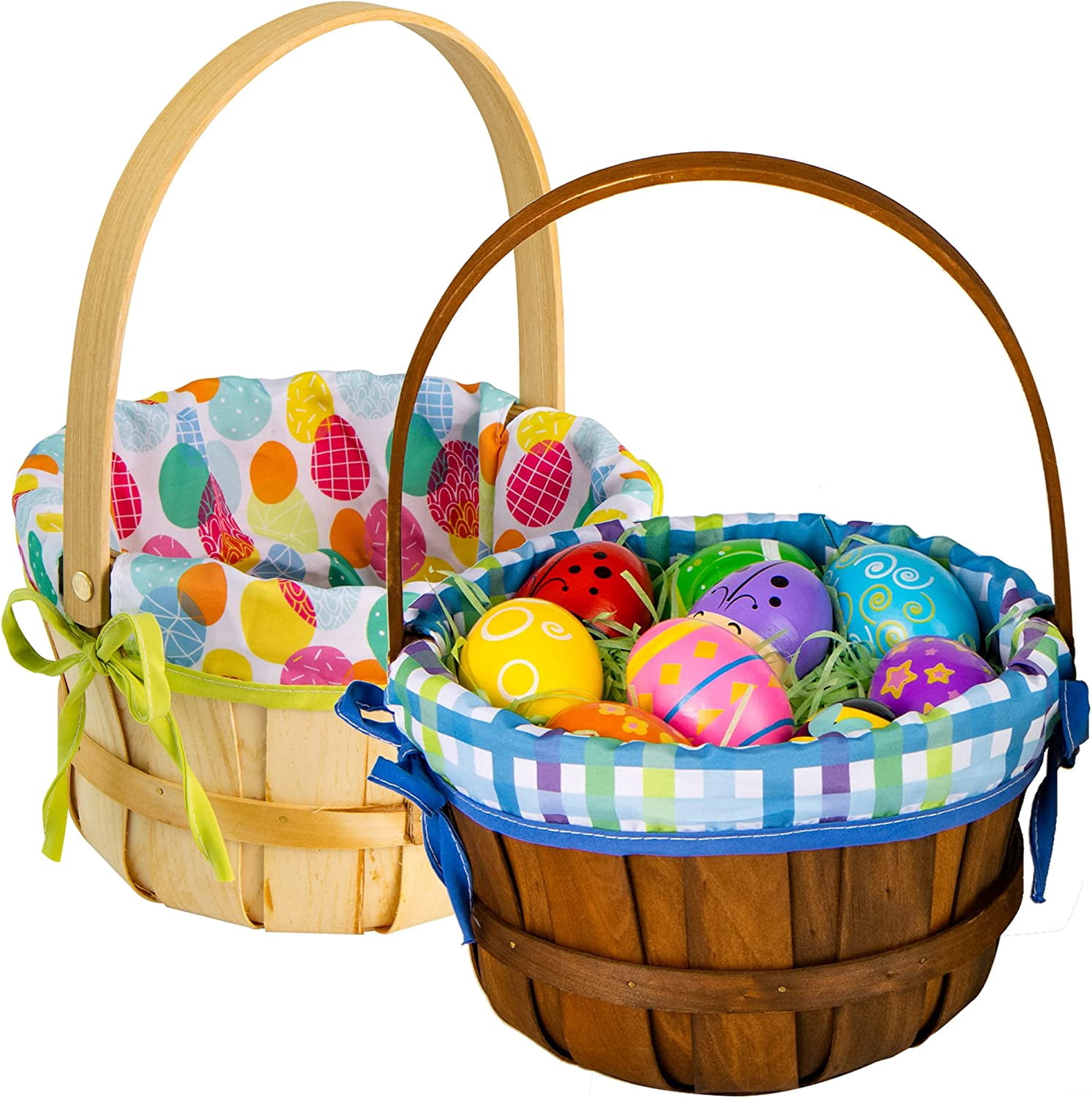 2 Pcs Easter Natural Woven Woodchip Basket with Lining, Wicker Wooden Easter Eggs Hunting Basket with Handle for Picnic, Gift Packing, Candy Storage and Party Favors Decorations(12.2" X8.7")