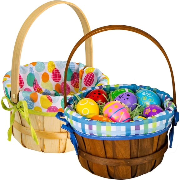 2 Pcs Easter Natural Woven Woodchip Basket with Lining, Wicker Wooden Easter Eggs Hunting Basket with Handle for Picnic, Gift Packing, Candy Storage and Party Favors Decorations(12.2" X8.7")