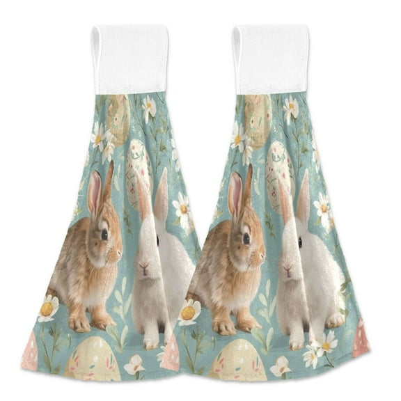 2 Pcs Easter Rabbit Eggs Flower Kitchen Hand Towels with Hanging Loops Absorbent Soft Fast Drying Decor Bath Towels