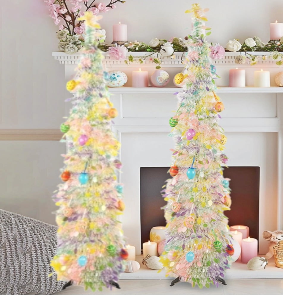 2 Pcs Easter Tinsel Tree 5FT Green Pop Up with String Lights & Eggs ...