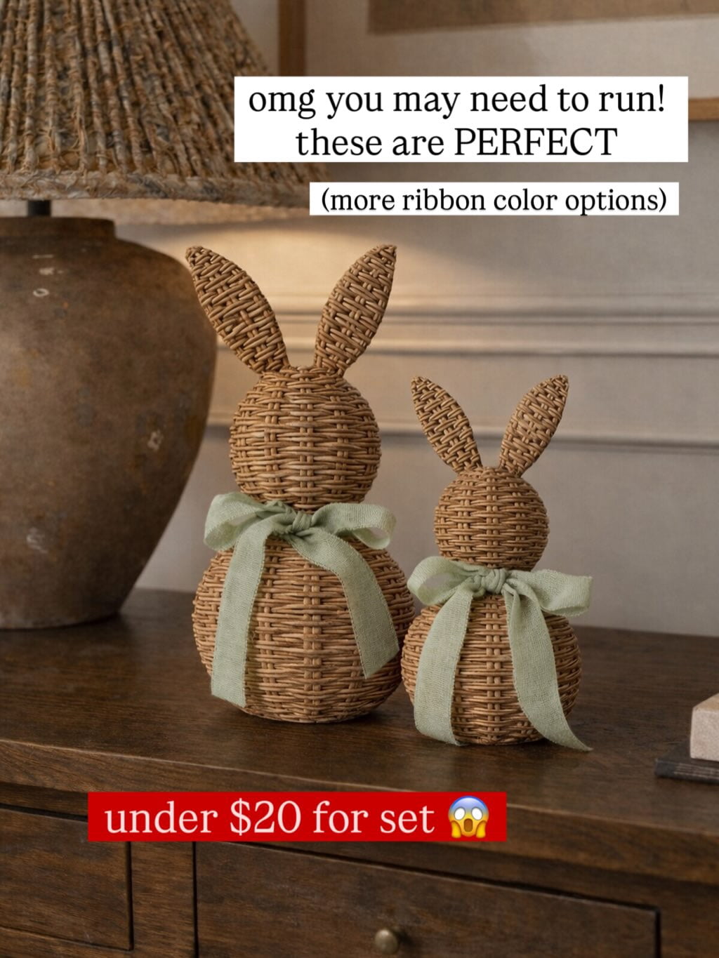2-Pcs Easter Woven Bunnies with Light Green Bow Large & Small, Rattan ...