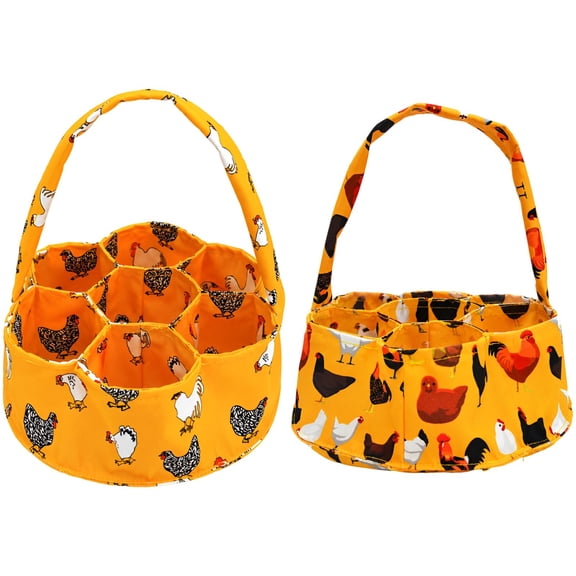 2 Pcs Egg Collecting Basket Set, 7 Compartment Canvas Egg Basket with Hen Patterns, 7.9 x 2.8 in / 20 x 7 cm Honeycomb Farmhouse Storage Bag for Gathering Fresh Chicken Duck Goose Eggs, Yellow