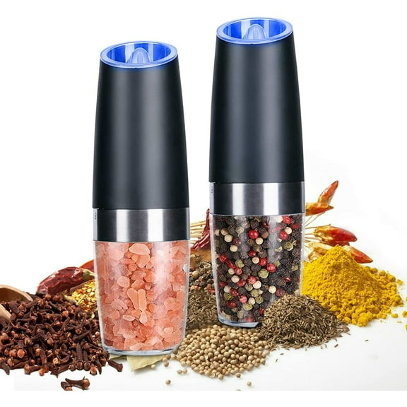 2 Pcs Electric Salt and Pepper Grinder Set Battery Operated Single-Handed Automatic , Adjustable Coarseness Mill Grinders Shakers LED Light Stainless Steel, Kitchen Gadgets Gifts Ideas