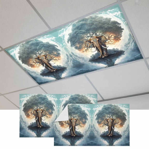 2 Pcs Elephant Tree Water Surface Fluorescent Light Covers Reflection Pink Clouds Sky Animal Magnetic Light Covers for Ceiling Lights 4 x 2 ft Drop Ceiling Lights Cover Shade for Office, Home