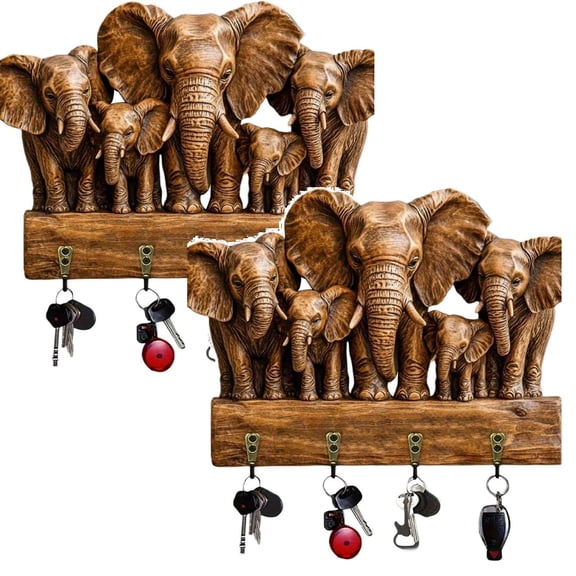 2 Pcs Elephant Wall Key Holder, 4-Hook Wooden Key Organizer, Animal Carved Coat & Towel Rack for Entryway, Bathroom, Home Decor