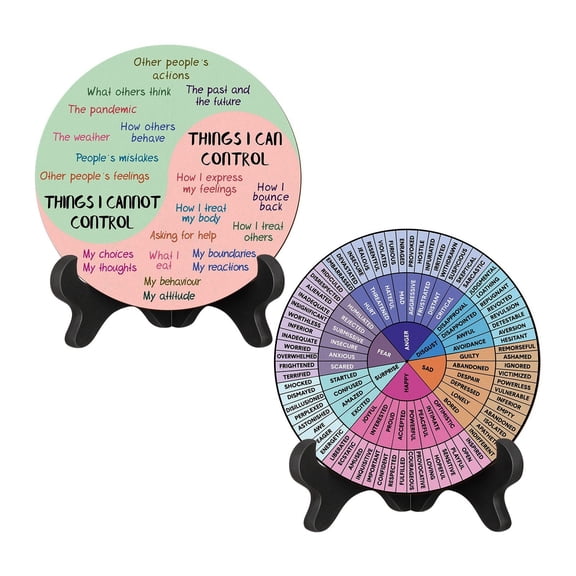 2 Pcs Emotion Wheel For Mental Health - Anxiety Relief Tool With Stand, Things I Can Control & Cannot Control Chart - Office Desk Decor, Therapy Tool For S, Classroom Mental
