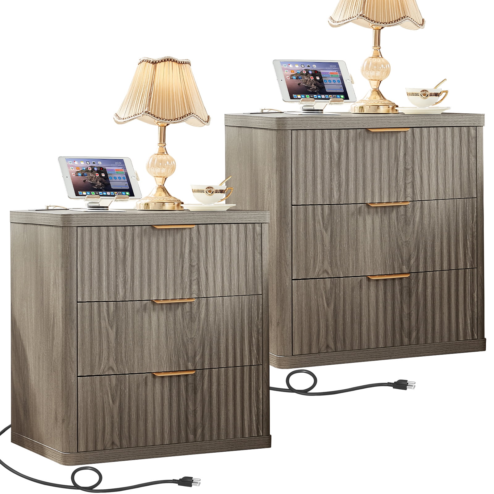2 Pcs End Table with Charging Station, 23" Wide Sofa Side Table with 3 Drawers, Large Storage Rustic Wood Storage Cabinet for Living Room,Bedroom, Grey