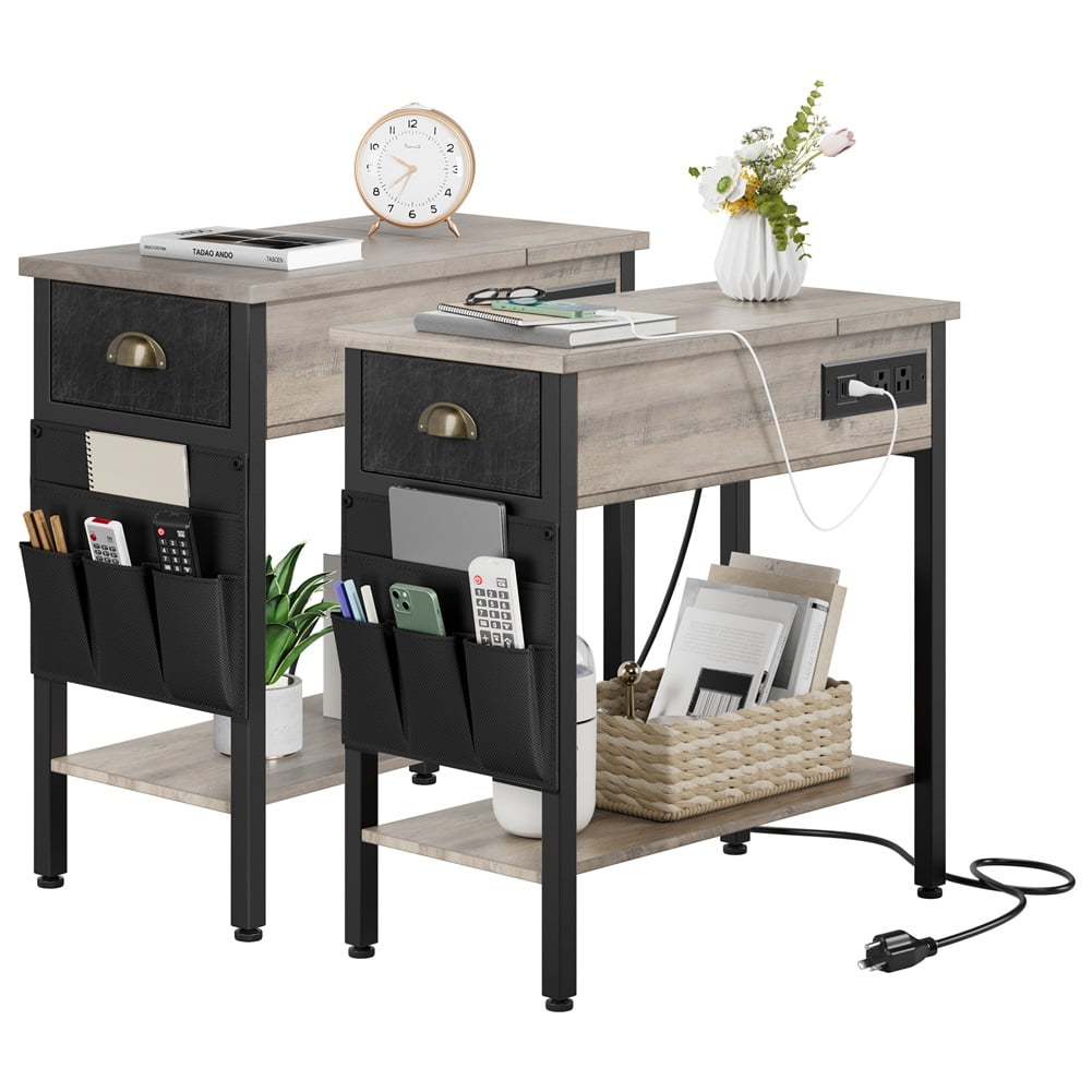 2 Pcs End Table, Side Table with USB Ports and Outlets, Wood Side Table
