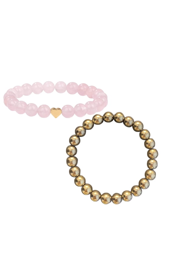 2 Pcs Energy Boosting Gemstone & Rose Quartz Heart Anxiety Relief Bracelet Set, Natural Stretch Beaded Wristband, Unisex Women Wellness Jewelry Gift, 7in