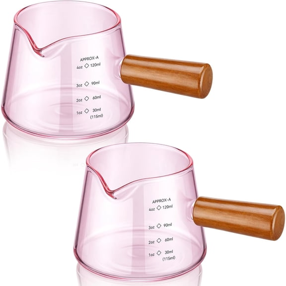 2 Pcs Espresso Cups, 4 oz Espresso Shot Glasses with V-shaped Spouts and Handle, Small Cute Glass Measuring Cup, Milk Frothing Pitcher for Coffee Bar Accessories (Pink)