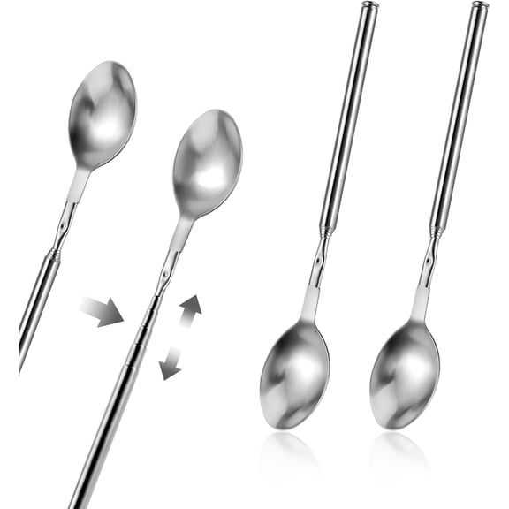 2 Pcs Extendable Stainless Steel Long Handle Spoon, 8.7 to 25.5 inch Telescopic Spoon for Barbecue, Camping, Iced Tea