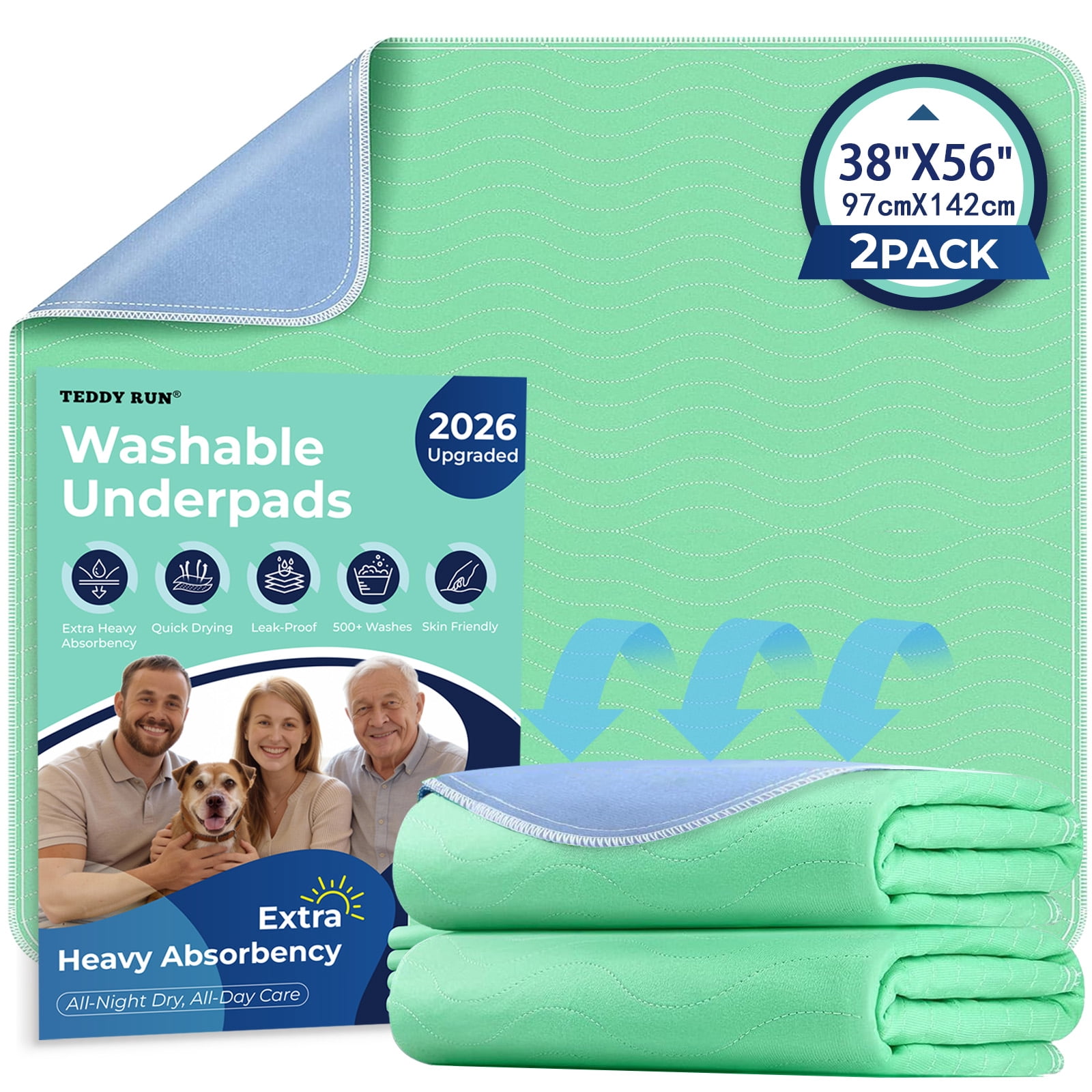 2 Pcs Extra Heavy Absorbency Washable Underpads, Waterproof Quick Drying Nursing Pads Incontinence Bed Pads, Reusable Washable Pee Pads for Dogs, Diaper Changing & Adults（ 38" X 56" ）