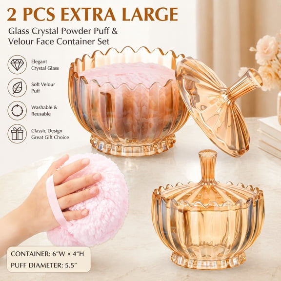 2 Pcs Extra Large 6'' Glass Crystal Dusting Powder Puff with Container for Women - Soft Washable Reusable Velour Face and Body Makeup Puff Amber Scalloped