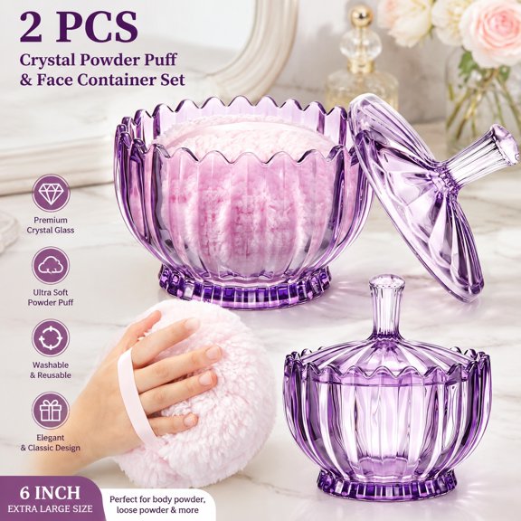 2 Pcs Extra Large 6'' Glass Crystal Dusting Powder Puff Container for Women, Soft Washable Reusable Velour Face Powder Puff, Purple Scalloped Design
