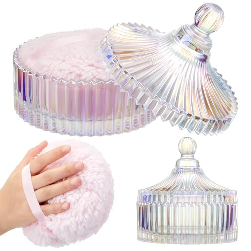 2 Pcs Extra Large Dusting Powder Puff and Container for Women-6'' Glass Crystal Dusting Powder Container with Body Soft Washable Reusable Velour Face(Dazzling,Classic)