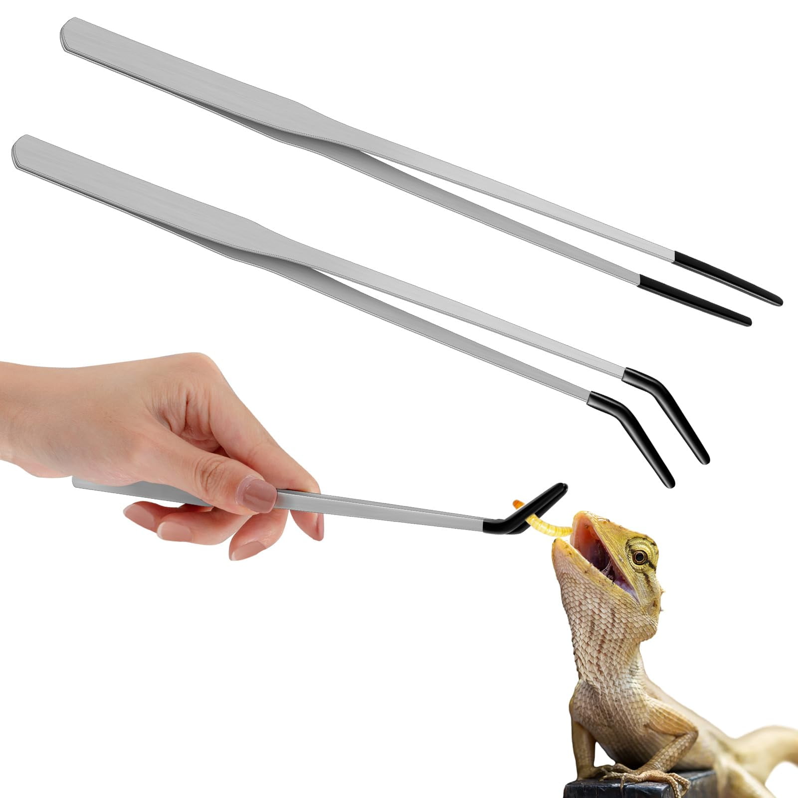 2 Pcs Extra Long Stainless Steel Reptile Feeding Tongs with Rubber Tip 10 Inch and 10.5 Inch Straight and Curved Tweezer Terrarium Feeder Tool for Bearded Dragon Aquarium Tank Silver