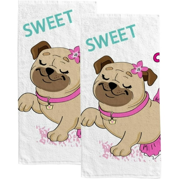 2 Pcs Face Bath Towels Set Beautiful Pug Dog in A Pink Skirt Washcloths for Bathroom Hotel Kitchen 30x15in