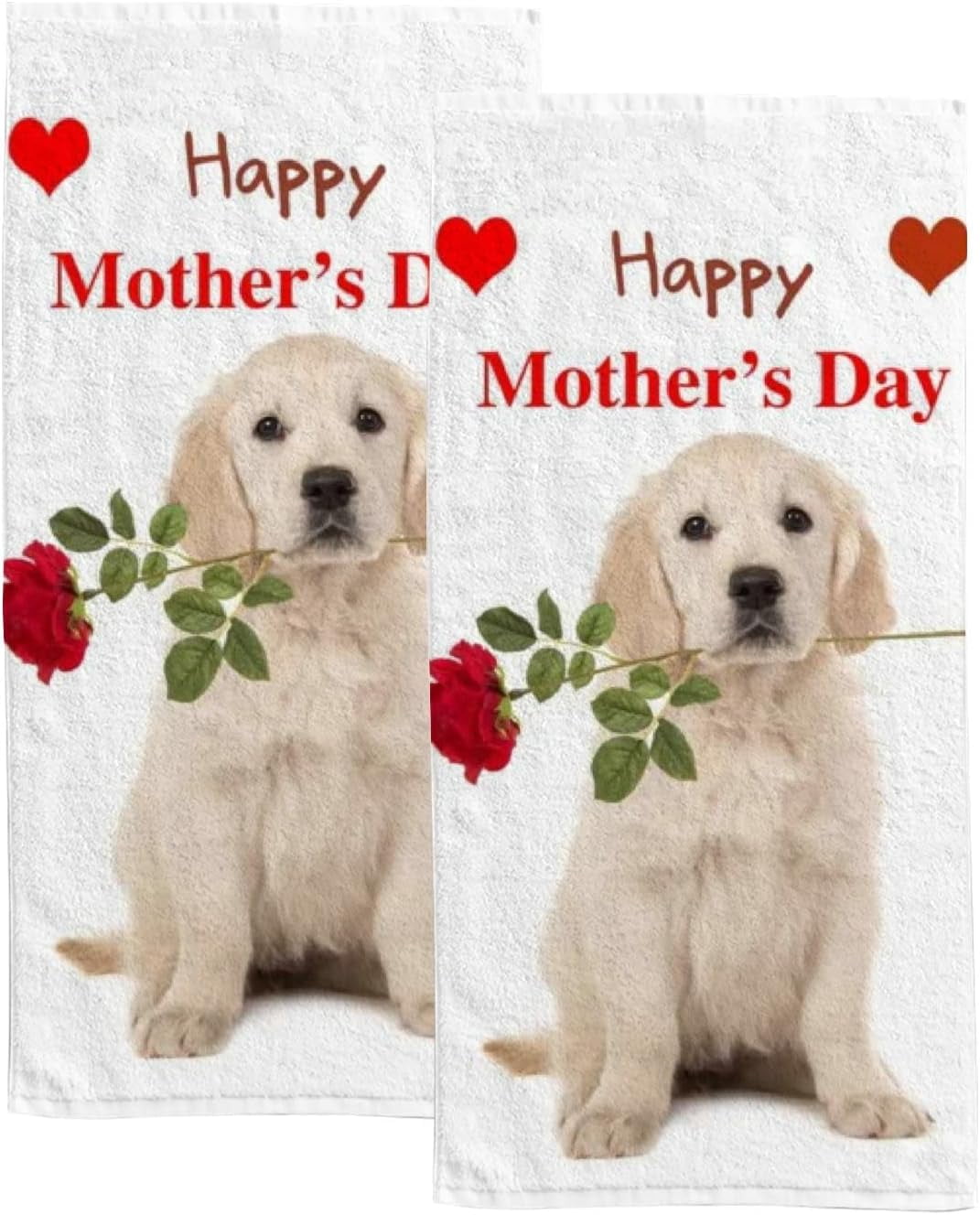 2 Pcs Face Bath Towels Set Cute Golden Retriever Dog Holding Rose