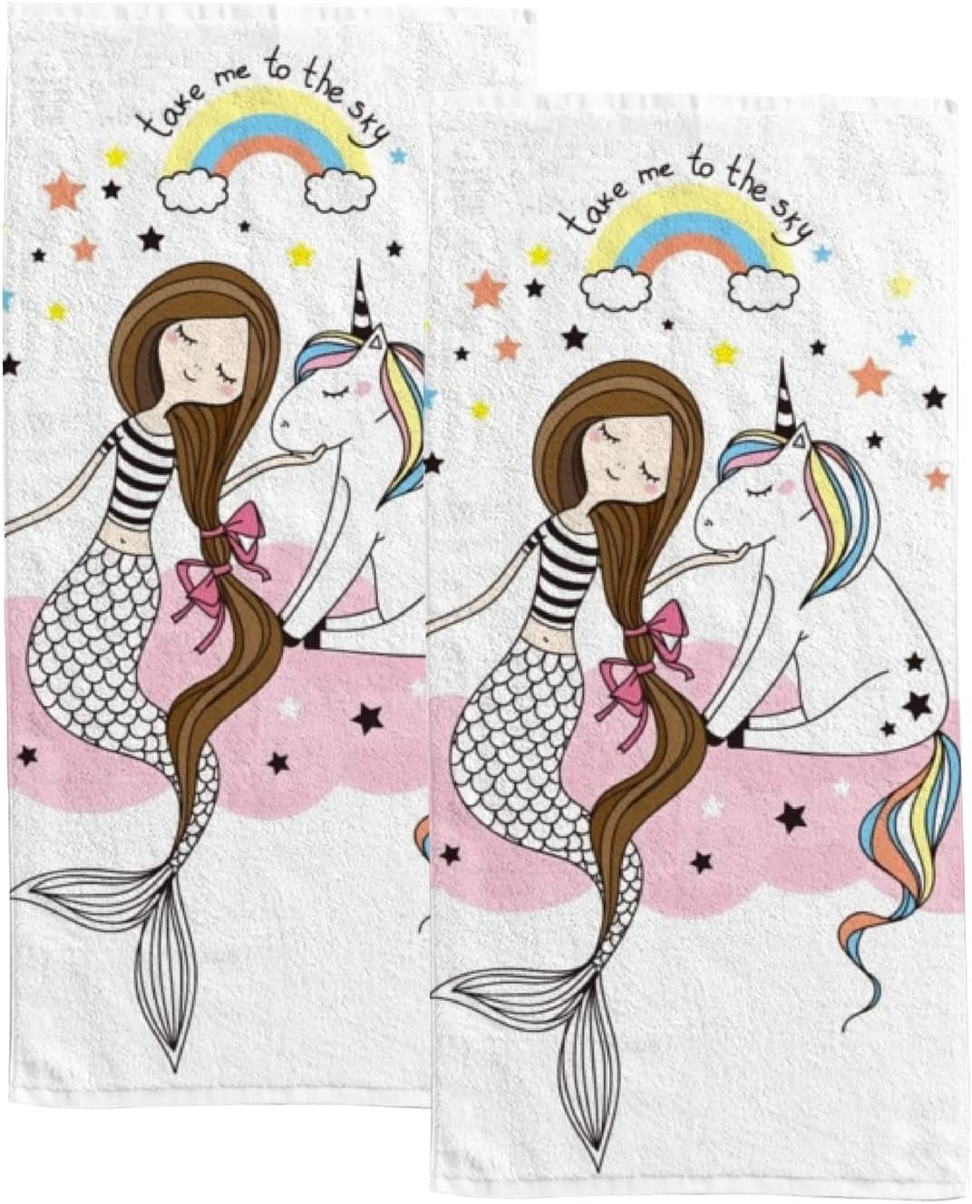 2 Pcs Face Bath Towels Set Unicorn and Beautiful Mermaid Washcloths for Bathroom Hotel Kitchen ...