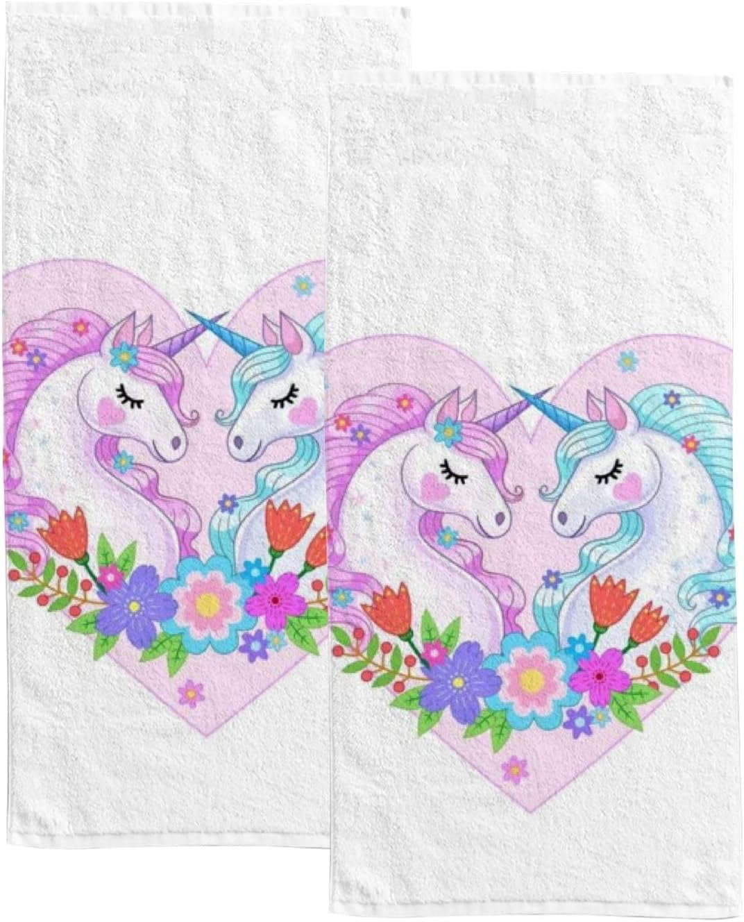2 Pcs Face Bath Towels Set Unicorns with Flowers and Pink Heart