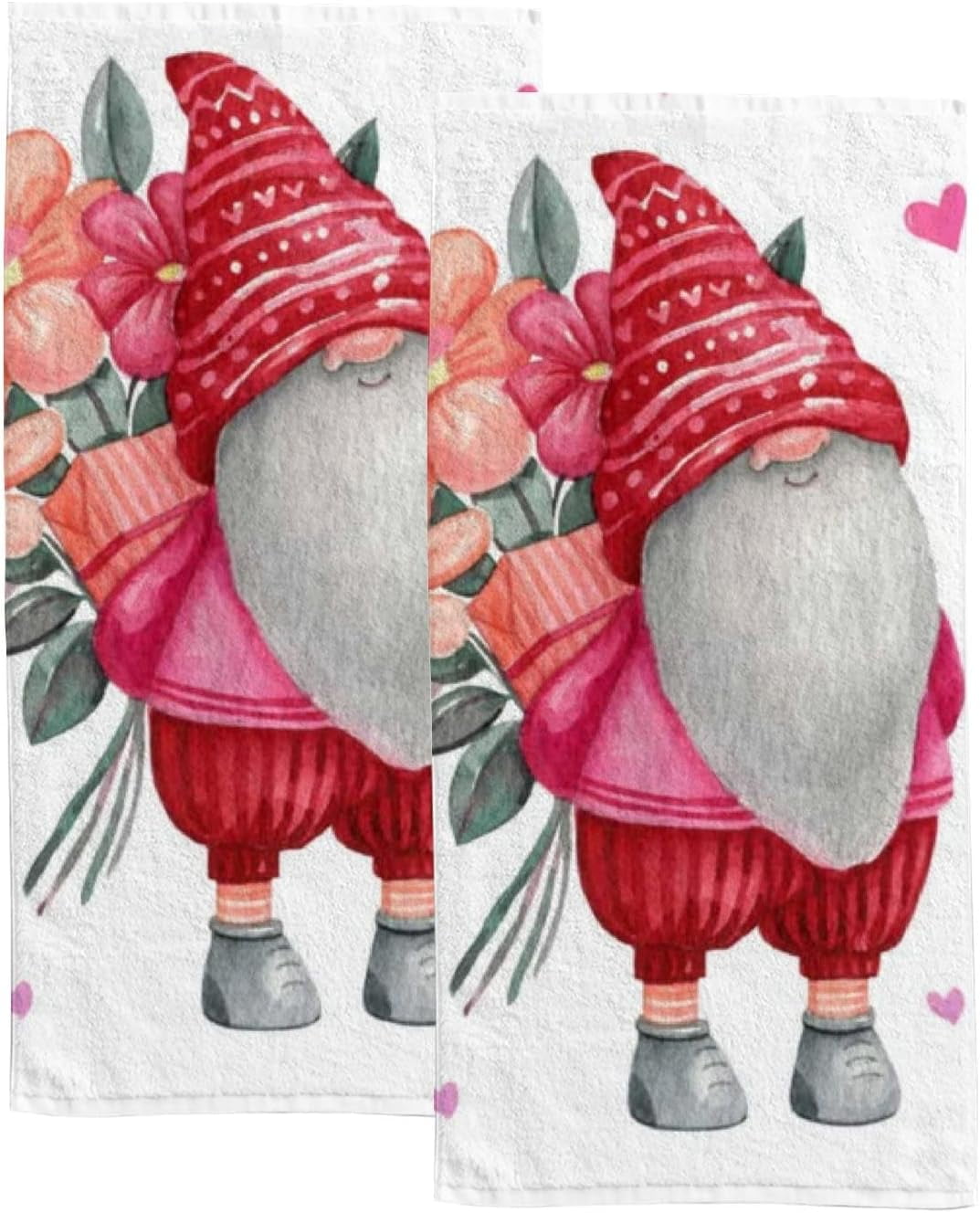 2 Pcs Face Bath Towels Set Watercolor Valentine Gnomes Washcloths for