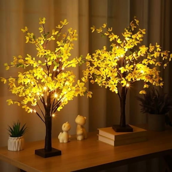2 Pcs Fake Forsythia Tree Lamp Artificial Yellow Flowers Tree Lamp Forsythia Stems Birch Tree with LED Lights Spring Artificial Stem Flowers for Easter Home Party Wedding Holiday Spring Decor
