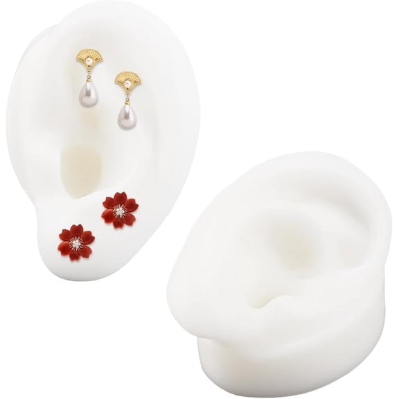 2 Pcs Fakes Ear 2 Styles White Left & Right 3D Silicone Ear Displays Soft Flexible Ear Model Reusable Body Parts Prop for Jewelry Earring Display Piercing Suturing Practice White