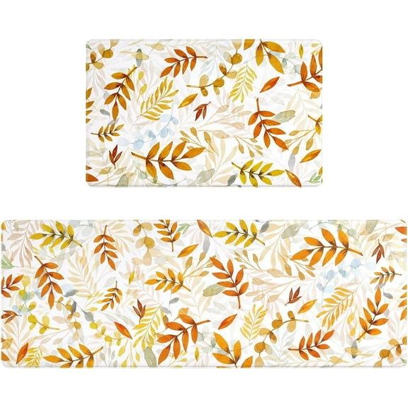2 Pcs Fall Anti Fatigue Kitchen Mats Maple Leaves Yellow Orange Leaf Autumn Non Slip Cushioned Floor Mat for Kitchen Ergonomic Standing Mats Fall Home Decor, 17x27.5+17x47, Fall Leaves