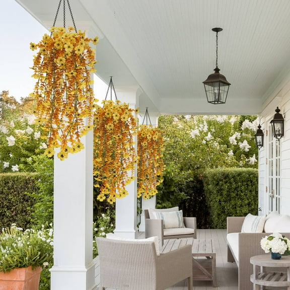 2 Pcs Fall Artificial Fake Mums Hanging Flowers Plants Basket for Outdoor Decoration,Faux Silk Daisy planters UV Resistant Look Real for Home Porch Patio Balcony Yard Autumn Decor