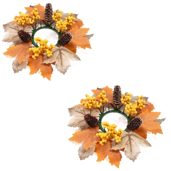 2 Pcs Fall Candle Rings Wreaths, Fall Maple Leaves Candle Rings Wreath, Simulated Autumn Candle Holder Wreath with Pumpkins Pine Cones for Christmas Thanksgiving Chair Table Decor