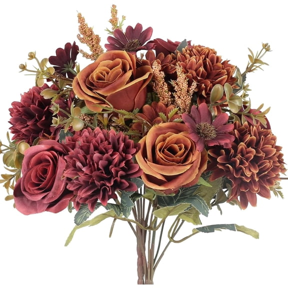 2 Pcs Fall Flowers Artificial Decoration, Silk Fall Bouquet Burgundy Orange