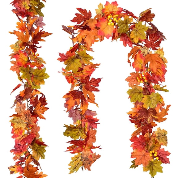 2 Pcs Fall Garland Maple Leaf, 5.9Ft/Piece Hanging Vine Garland Artificial Autumn Foliage Garland Thanksgiving Decor for Home Fireplace Party Christmas A