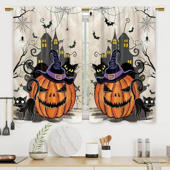 2 Pcs Fall Kitchen Curtain Pumpkin Bathroom Window Curtain Treatment Drapes Small Bedroom Short French Door Curtains with Rod Pocket for Living Dining Room Decor, 28x40 Inch