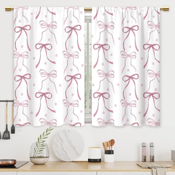 2 Pcs Pink Bow Kitchen Curtain Bathroom Window Curtain Treatment Drapes Small Bedroom Short French Door Curtains with Rod Pocket for Living Dining Room Decor, 28x40 Inch