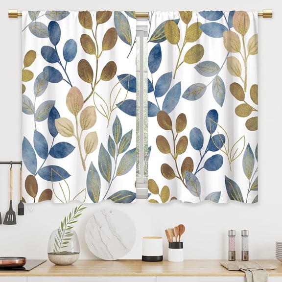 2 Pcs Leaf Kitchen Curtain Bathroom Window Curtain Treatment Drapes Small Bedroom Short French Door Curtains with Rod Pocket for Living Dining Room Decor, 28x40 Inch