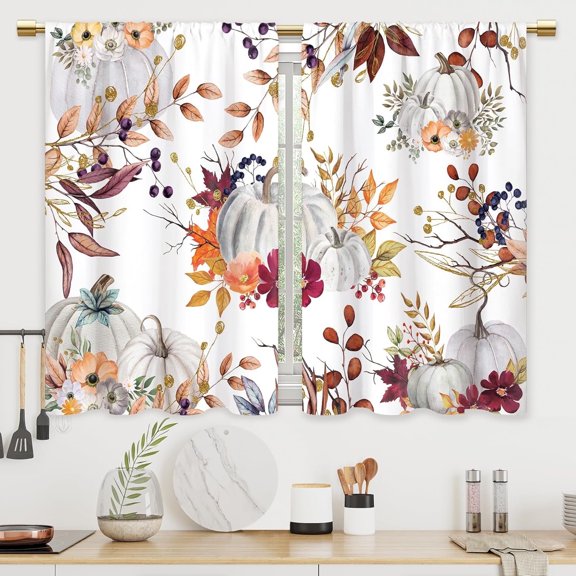 2 Pcs Fall Kitchen Curtain Pumpkin Bathroom Window Curtain Treatment Drapes Small Bedroom Short French Door Curtains with Rod Pocket for Living Dining Room Decor, 28x40 Inch