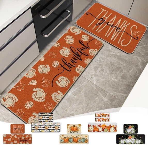 2 Pcs Fall Kitchen Mat Set Skidproof Absorbent Runner 16x24in & 16x48in Polyester Skidproof & Washable for Kitchen Entryway Laundry Room Fall Doormat by MPOISVA