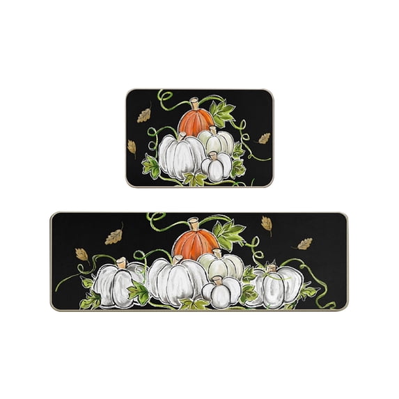 2 Pcs Fall Kitchen Mats Set, Cute Pumpkin Maple Leaf Print Soft Absorbent Non-Slip Rugs for Thanksgiving Kitchen Bathroom Front Door