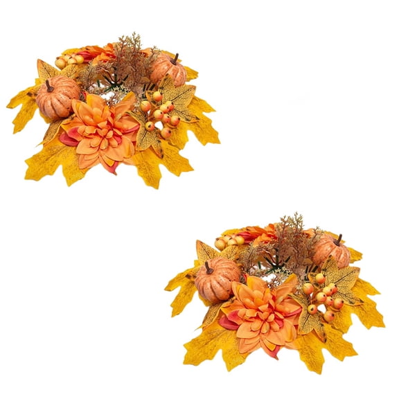 2 Pcs Fall Maple Leaf Candle Wreath Rings, 9.84in Harvest Season Tabletop Ornament for Thanksgiving Dinner Display Autumn Festive Decoration
