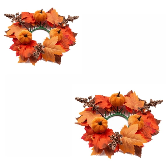 2 Pcs Fall Maple Leaves Candle Rings Wreath, Farmhouse‑Style Candle Ring Wreath With Velvet Pumpkins, Fall Candle Rings Wreaths for Pillar Candles Thanksgiving Table Centerpiece Decoration