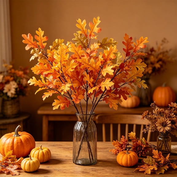2 Pcs Fall Maple Leaves Stems for Vase,Orange Autumn Fake Fall Leaves Decor Artificial Maple Leaf Bushes Shrubs for Home Kitchen Farmhouse Thanksgiving Halloween(15In)