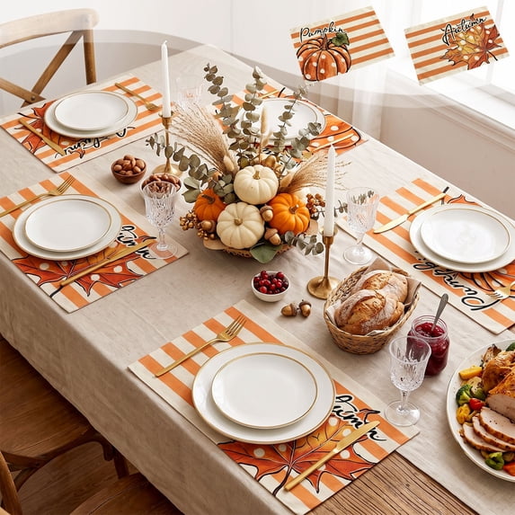 2 Pcs Fall Placemats, 17.71x11.81 Inch Double Sided Pumpkin Placemats with Autumn Maple Leaf Print, Stitched Cotton Linen Table Mat, Rustic Harvest Decor for Kitchen Table Thanksgiving Arrangement