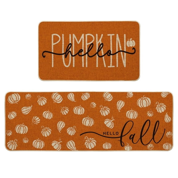 2 Pcs Fall Pumpkin Kitchen Mats Set, Absorbent Oil Absorbing Cotton Runner Rugs, Hello Fall Hello Pumpkin Indoor Floor Runner Mat for Kitchen Bathroom Entryway Decor(Brown)