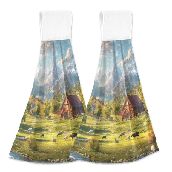 2 Pcs Farm with Cow and Sheep Kitchen Hand Towels with Hanging Loops Absorbent Soft Fast Drying Decor Bath Towels