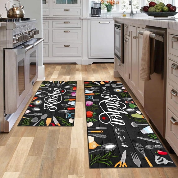 2 Pcs Farmhouse Kitchen Rug Set, Black and Colorful Rustic Vintage ...