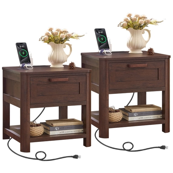 2 Pcs Farmhouse Nightstand with Charging Station, Wood Rustic Small Bedside Table, for Bedroom, Living Room, Walnut