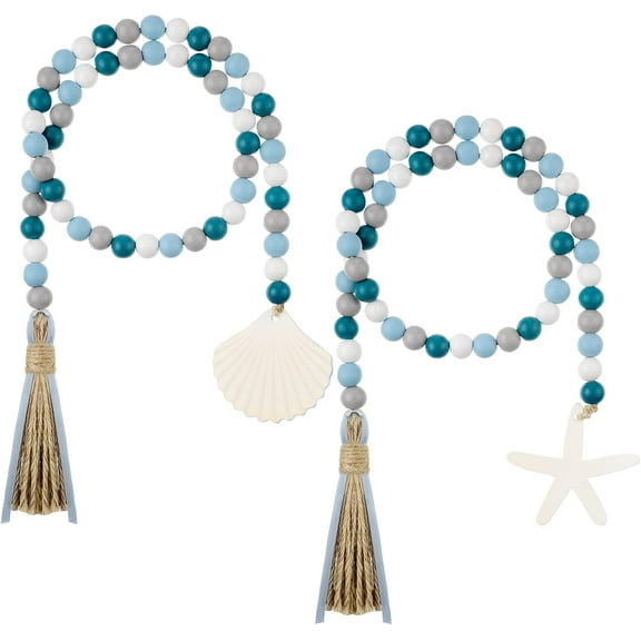 2 Pcs Farmhouse Seashell Bead Garland with Tassels Decorative Beads Decor Nautical Farmhouse Tiered Tray Decorations Set Coastal Garland for Home and Kitchen, Wooden Beads