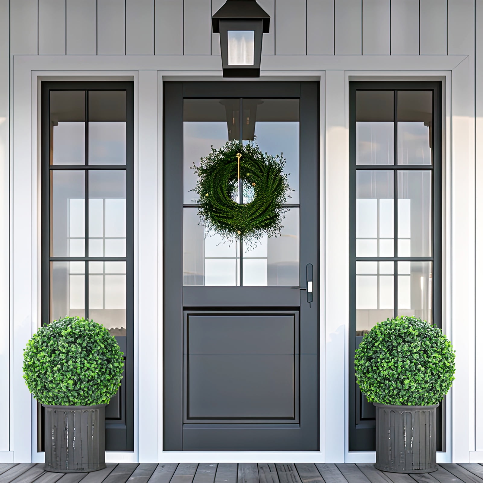 2 Pcs Faux Boxwood Balls, Artificial Outdoor Plant Topiary Balls, Fake Green Plants Decorative Spheres, for Front Porch Garden Backyard Balcony Wedding Home Decor, Green, 38cm/48cm